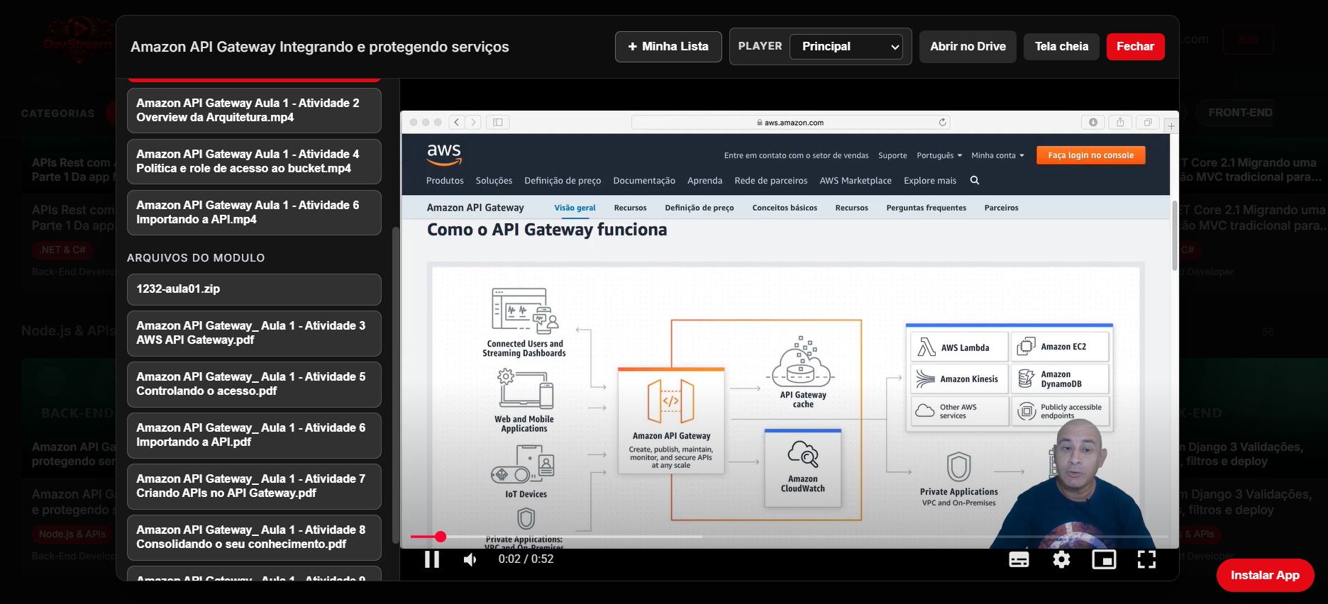 Screenshot real da aula em reproducao na plataforma